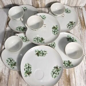 Vintage Crown‎ China Japan Bamboo Snack Plates Set of 6 Gold Rim Scalloped Edge